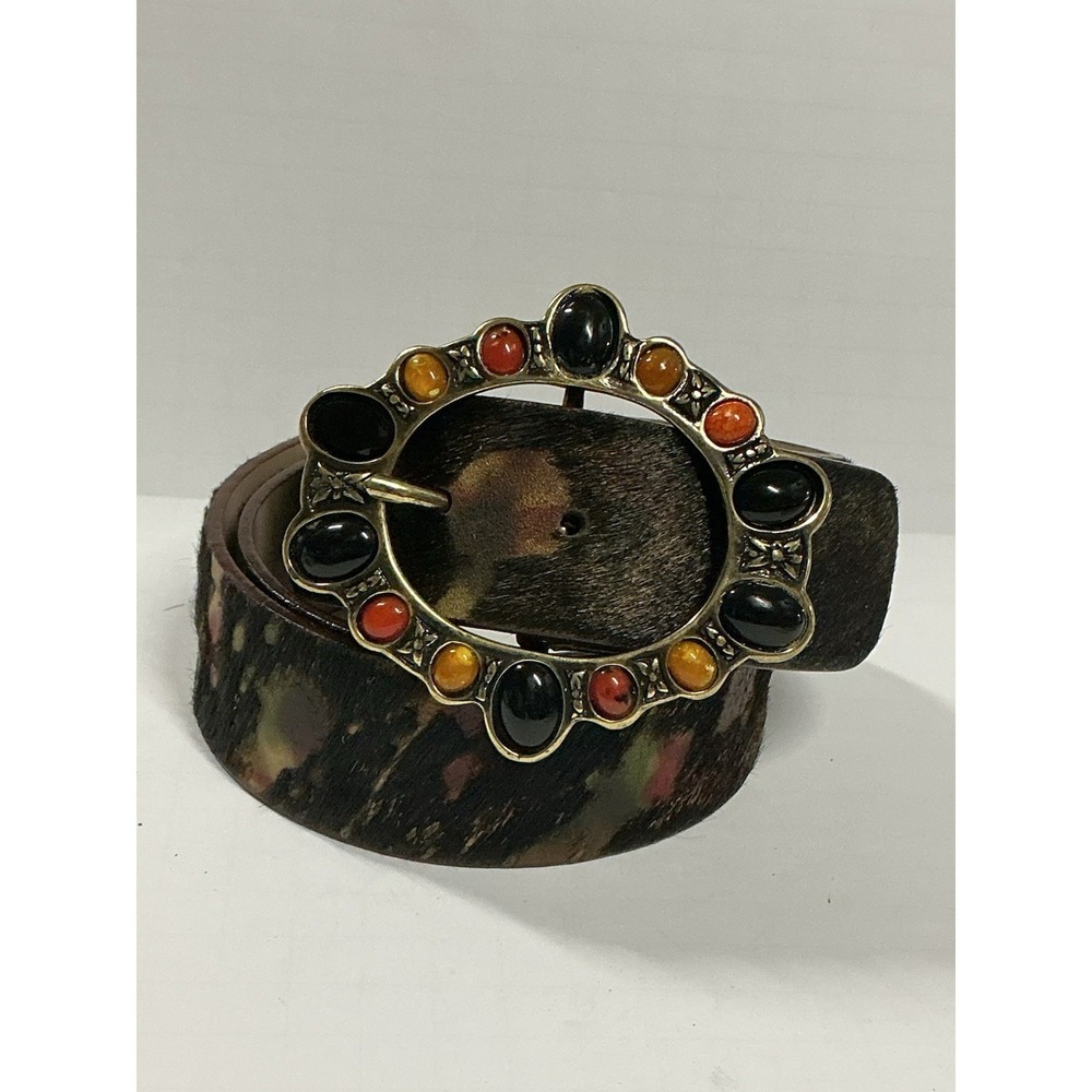Vtg Chicos Brambillo Milano Gen Leather Belt Pony Hair Italy Cabochons On Buckle